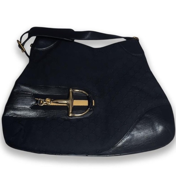 Gucci Vintage Horsebit Hasler Hobo Black GG Monogram Canvas and Leather w/Gold - Picture 1 of 5